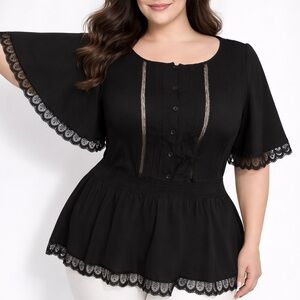 Zenobia Black Lace Trim Peplum Blouse Pintuck Front Flutter Sleeve Boho (1192)